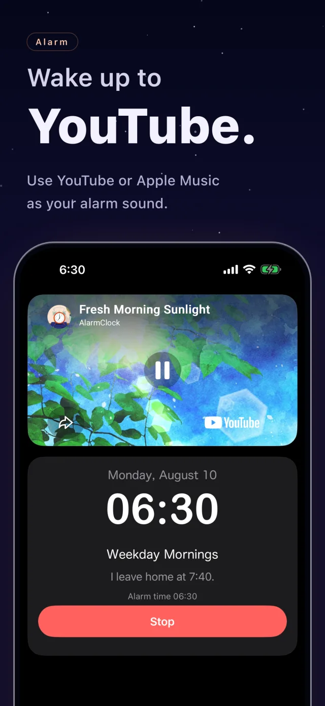 Wake up to YouTube. The alarm ringing screen