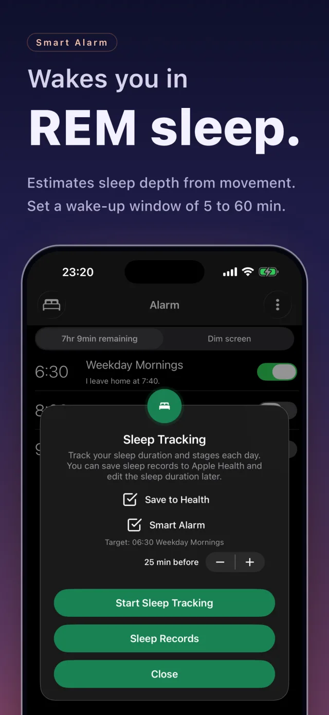 Wakes you in REM sleep. The smart alarm settings
